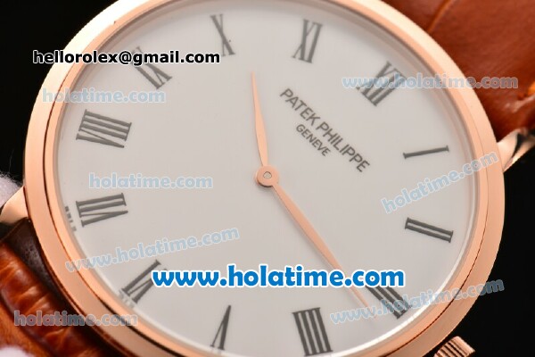 Patek Philippe Calatrava Miyota OS2035 Quartz Rose Gold Case with Roman Numeral Markers White Dial and Brown Leather Strap - Click Image to Close